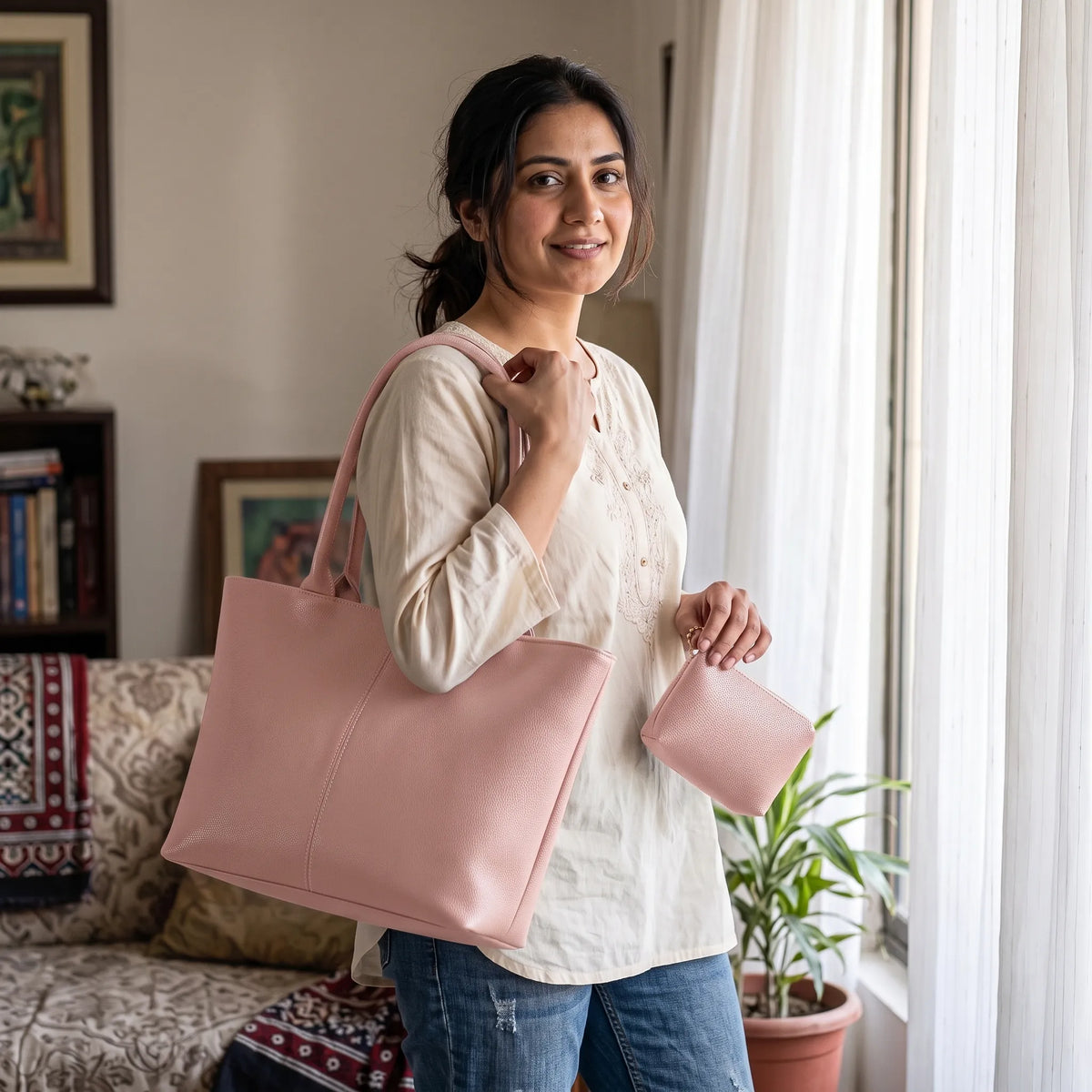 The Kensington Classic Pebbled Leather Everyday Tote with Matching Pouch