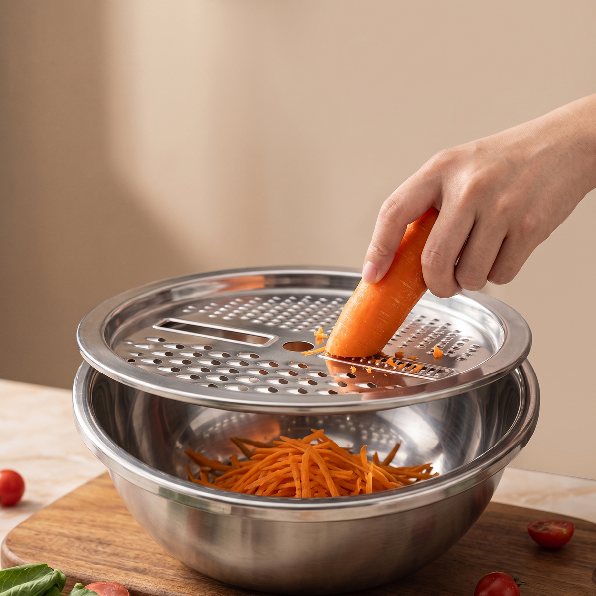 3-in-1 Stainless Steel Colander with Grater – Strainer, Drainer & Grater