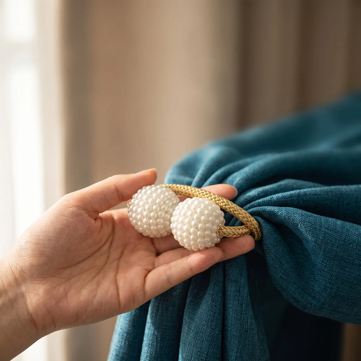 Magnetic Rope Curtain Tiebacks with Pearl Ends – Pair