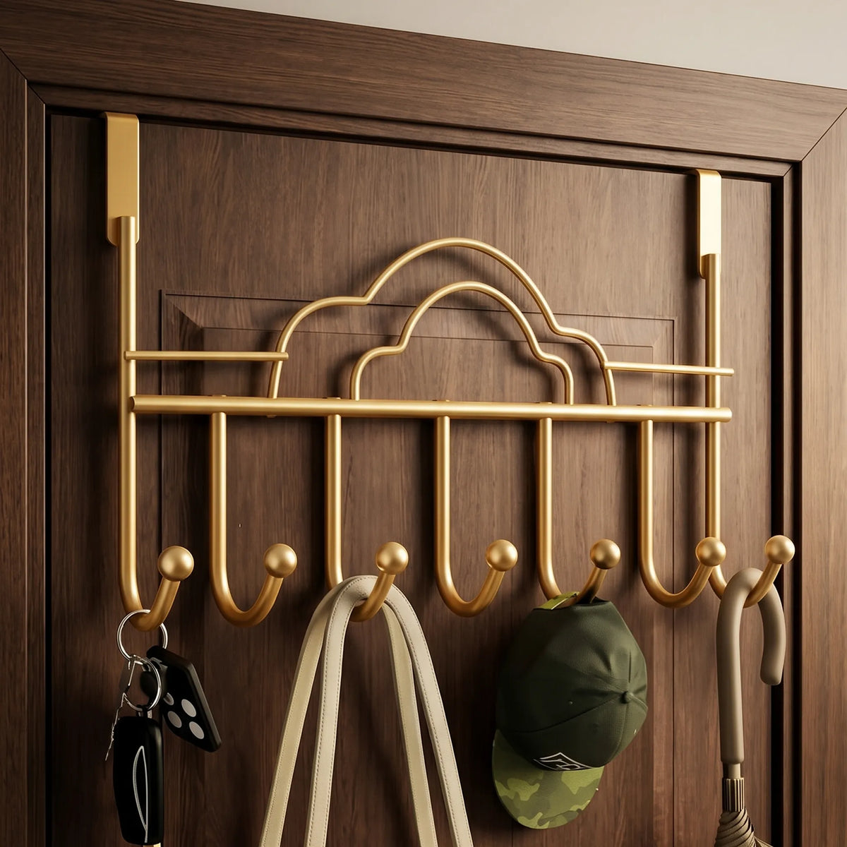Over-the-Door Hook Rack – 7 Golden Hooks, No-Drill Hanger