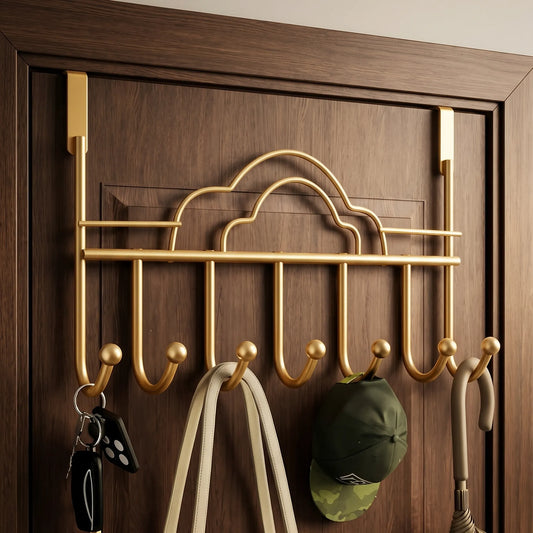 Over-the-Door Hook Rack – 7 Golden Hooks, No-Drill Hanger
