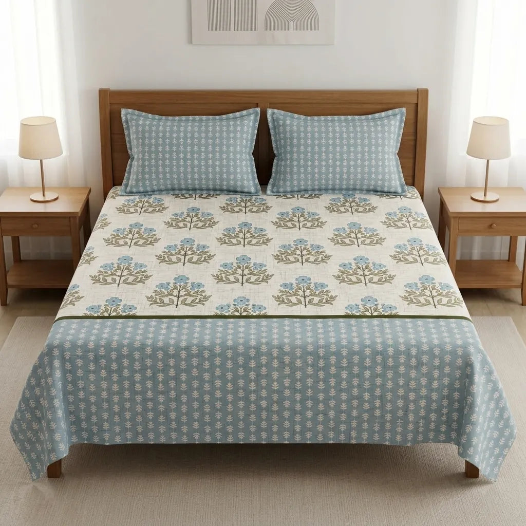 3 Pcs Azure Block-Print Heritage Bedding Set