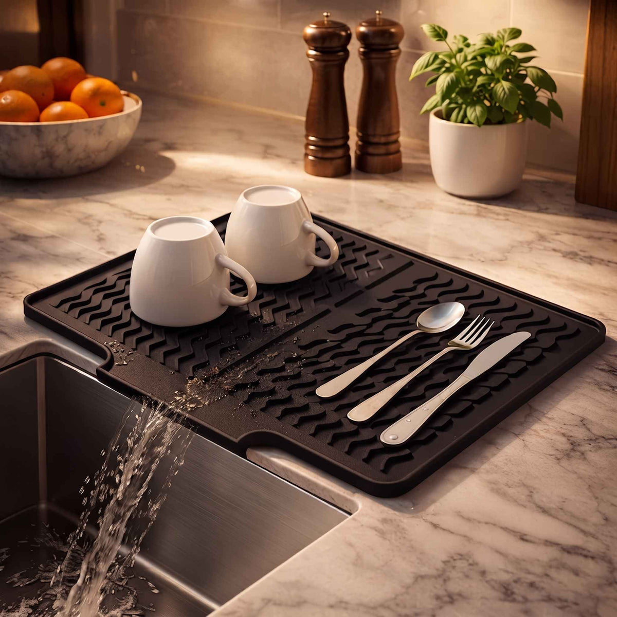 Silicone Dish Drying Mat with Drain Spout – Anti-Slip Sink Drainer Tray