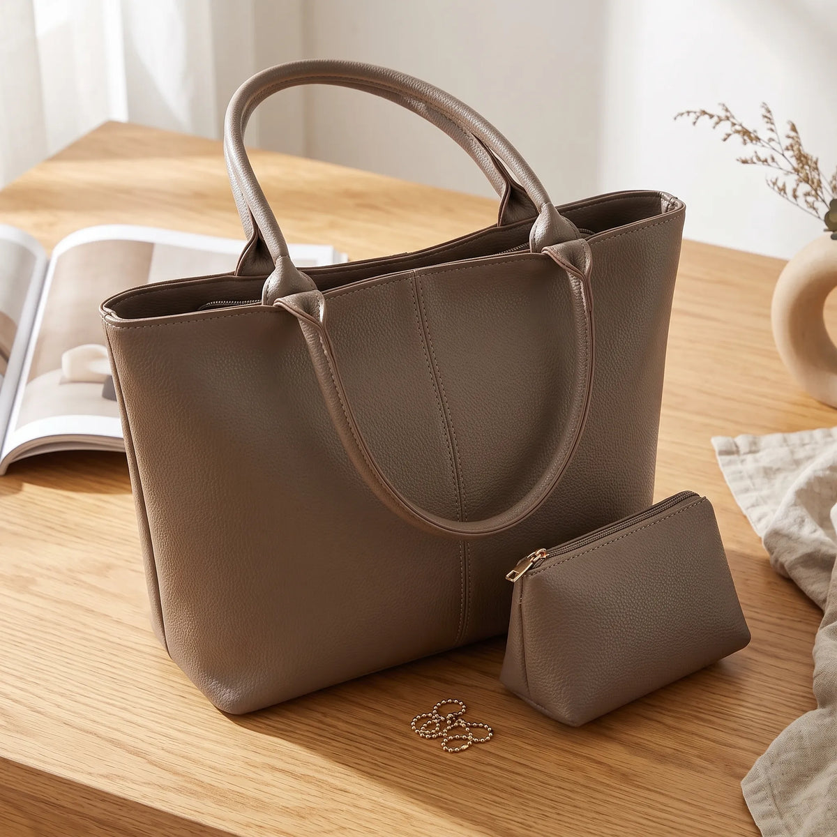 The Kensington Classic Pebbled Leather Everyday Tote with Matching Pouch