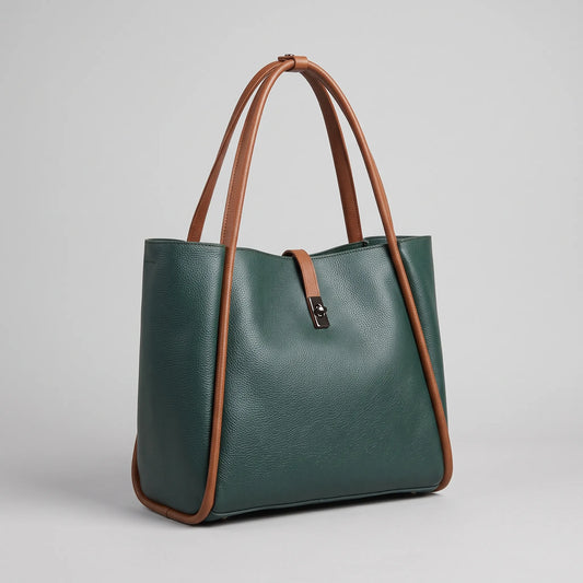 Two-Tone Faux Leather Work Handbag in Emerald and Tan