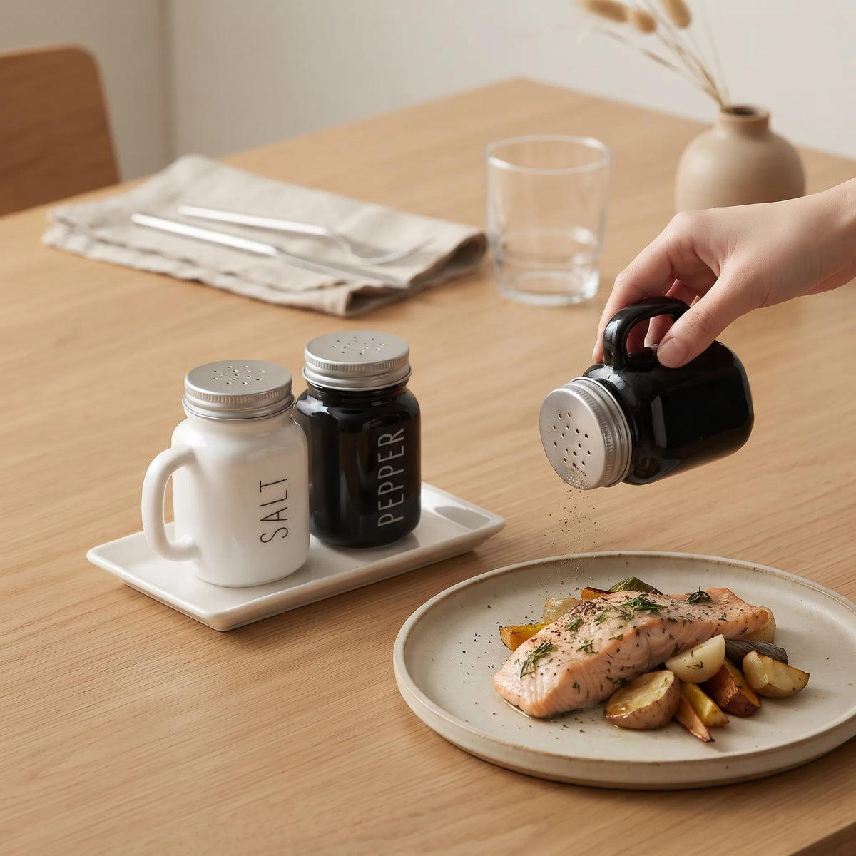 Ceramic Salt & Pepper Shaker Set – Black & White Dining Table Essentials