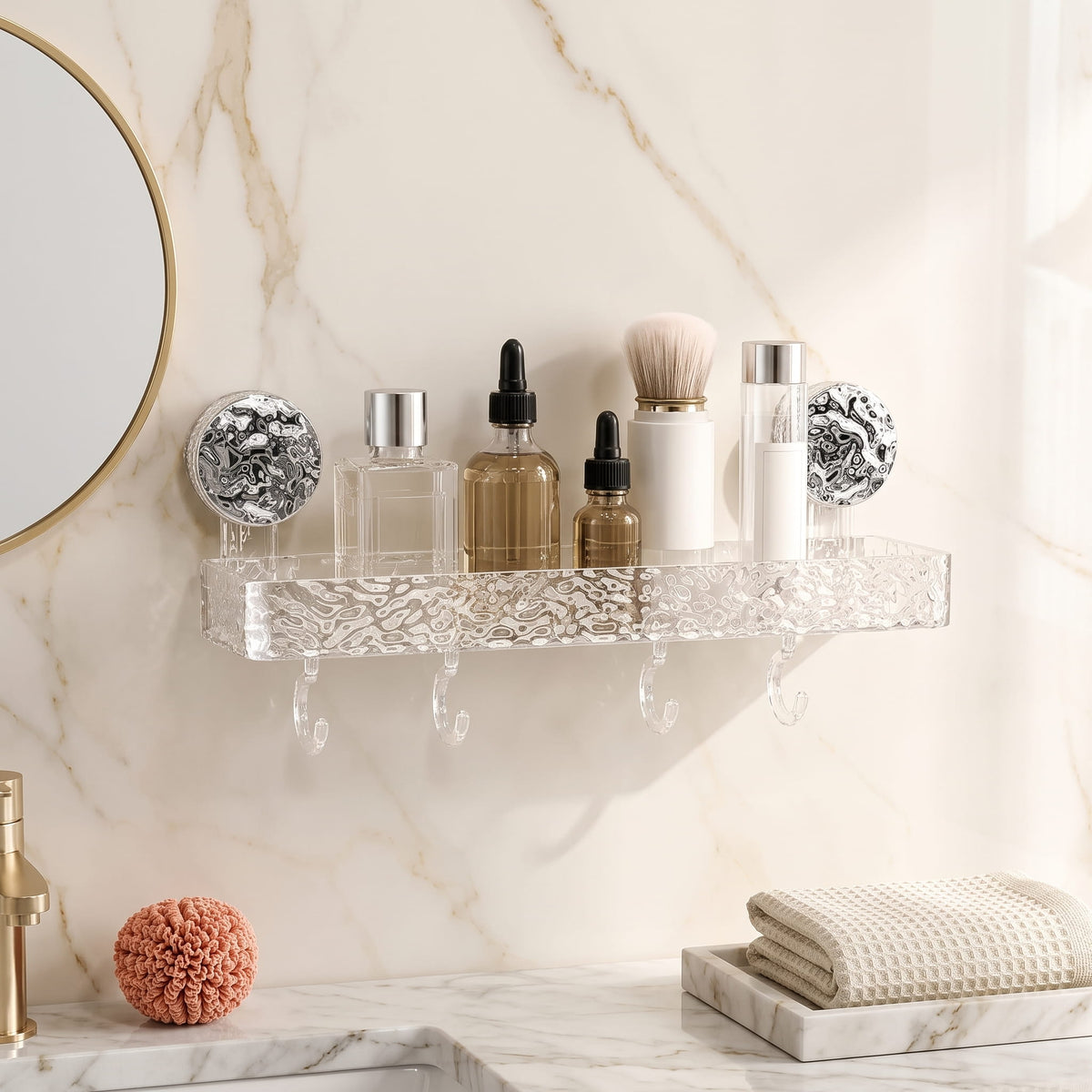 Premium Suction Cup Bathroom Shelf with Hooks – No-Drill Wall Rack