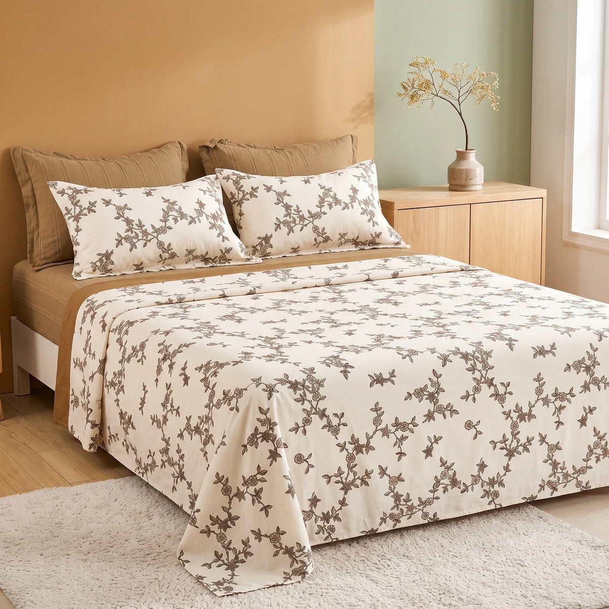 3 Pcs Cream & Brown Botanical Vine Bedding Set
