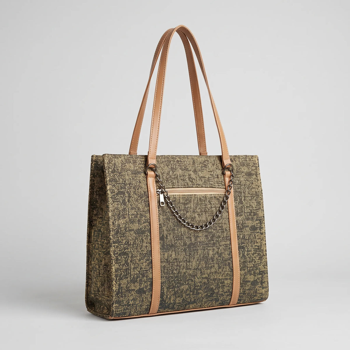Patterned Textured Tote Bag with Chain Accent and Tan Straps