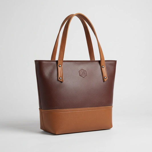 Two-Tone Brown and Tan Tote Bag with Exterior Zipper Pocket – Women’s Handbag