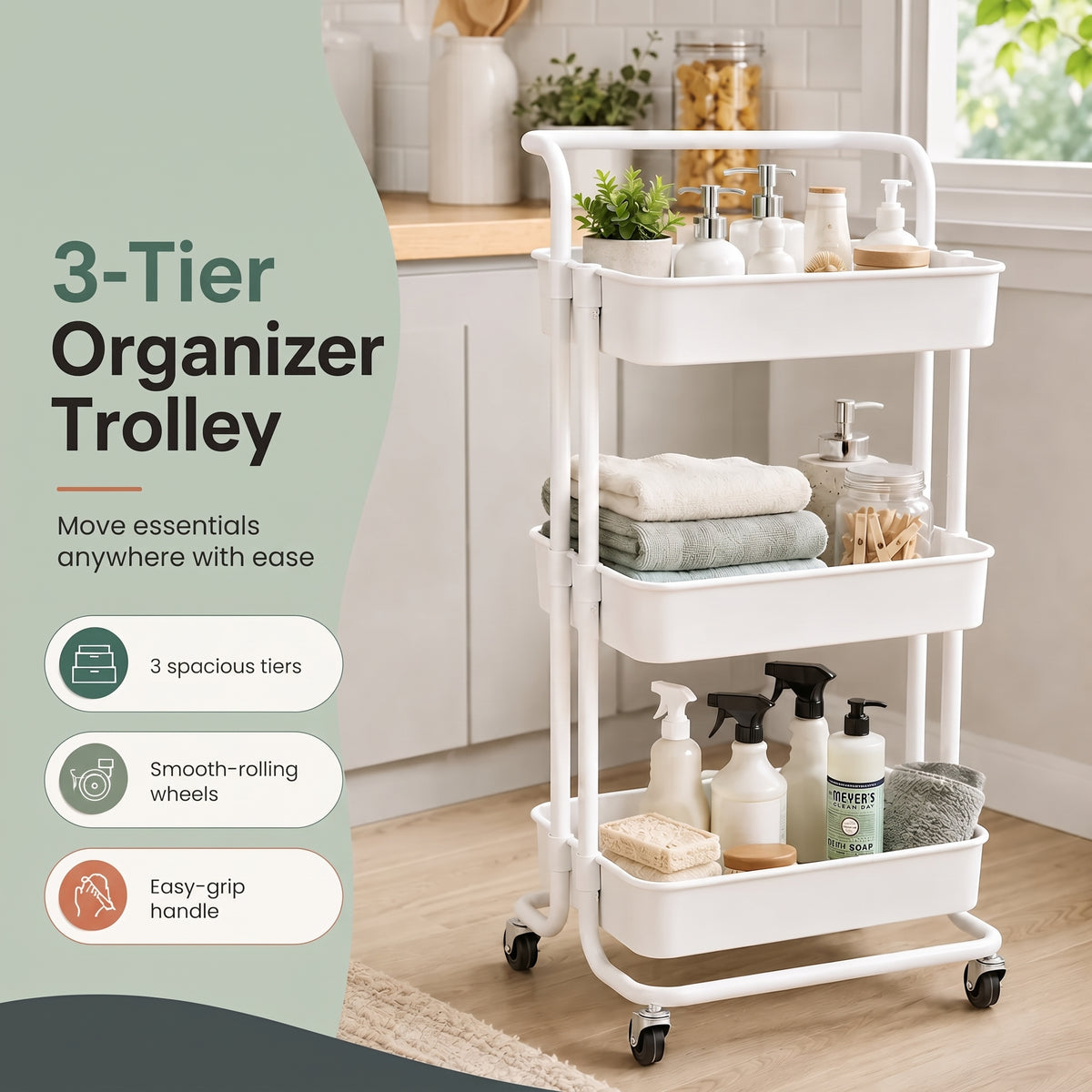 3-Tier Organiser Trolley | Multi-Purpose Rolling Storage Cart