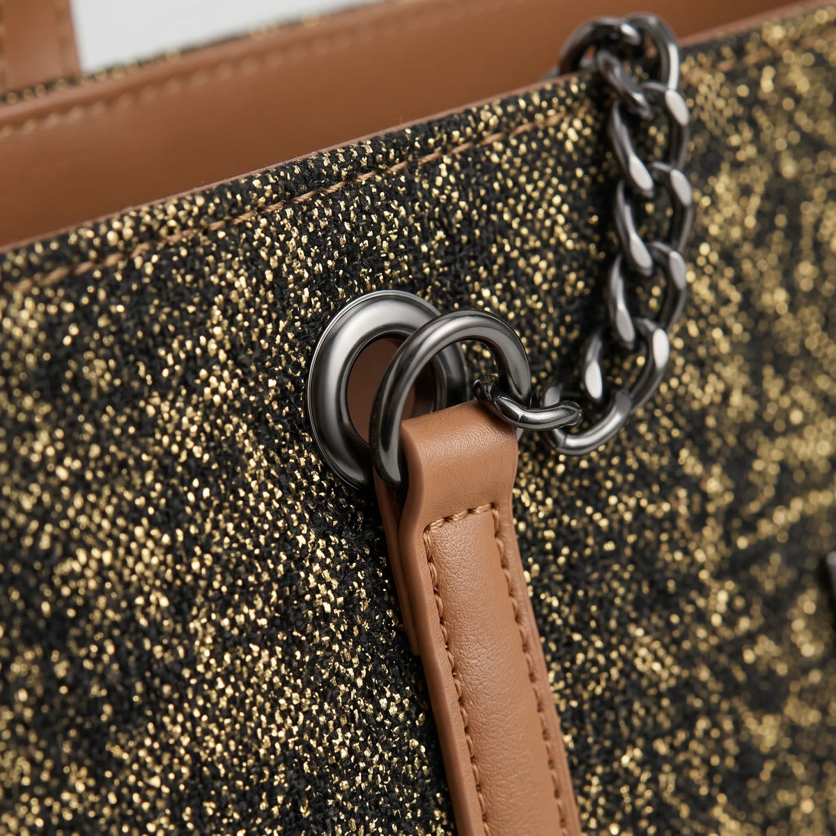 Black and Gold Patterned Tote Bag with Tan Straps