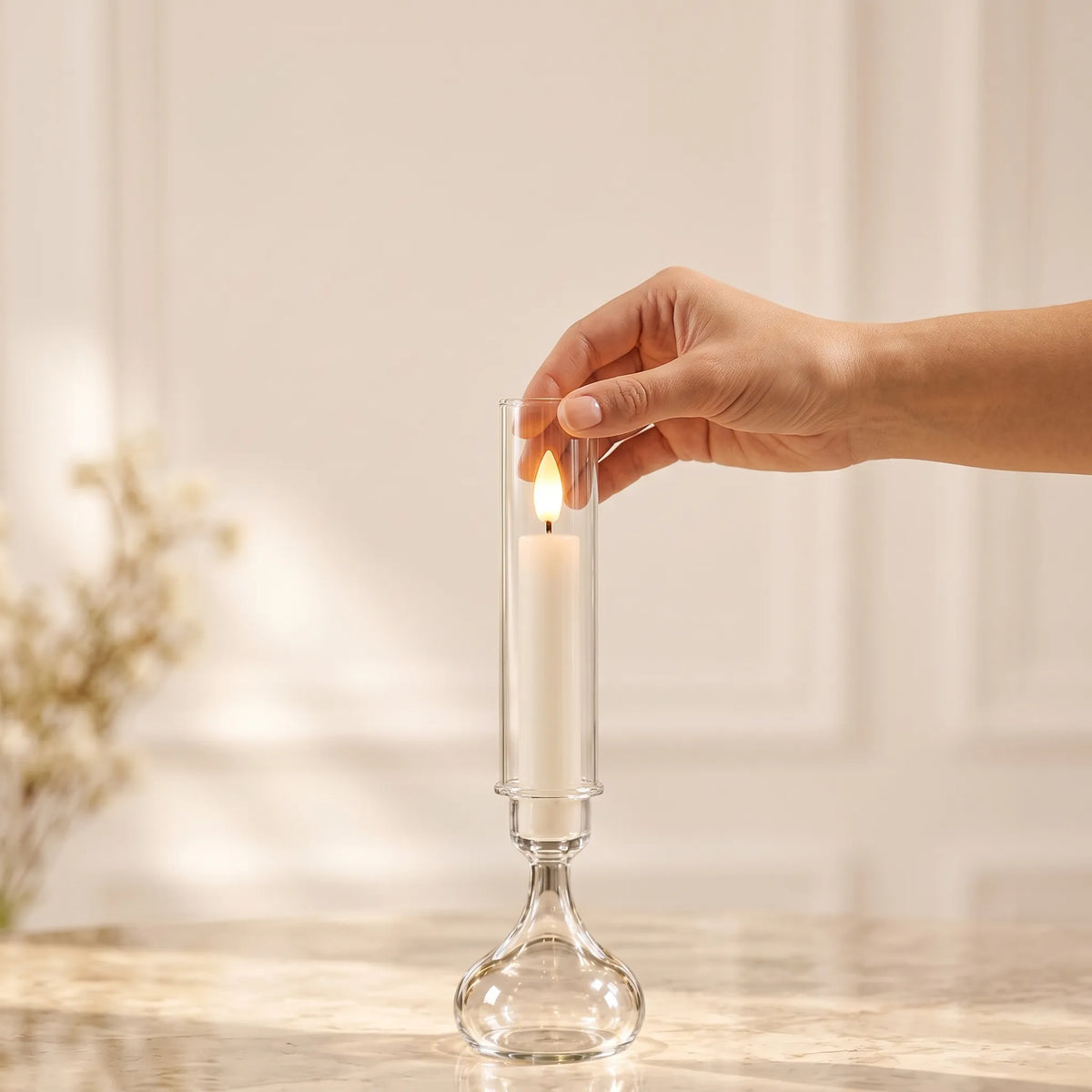 Glass Tube LED Taper Candle – Flameless Tall Candle Holder