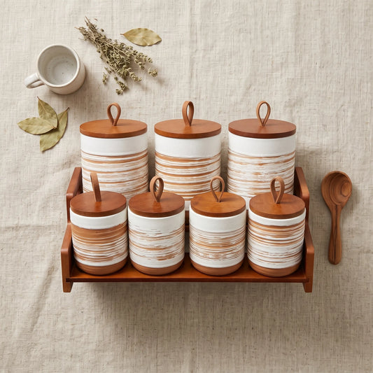 7-Piece Ceramic Spice Storage Jar Set with Wooden Lids – Kitchen Organiser