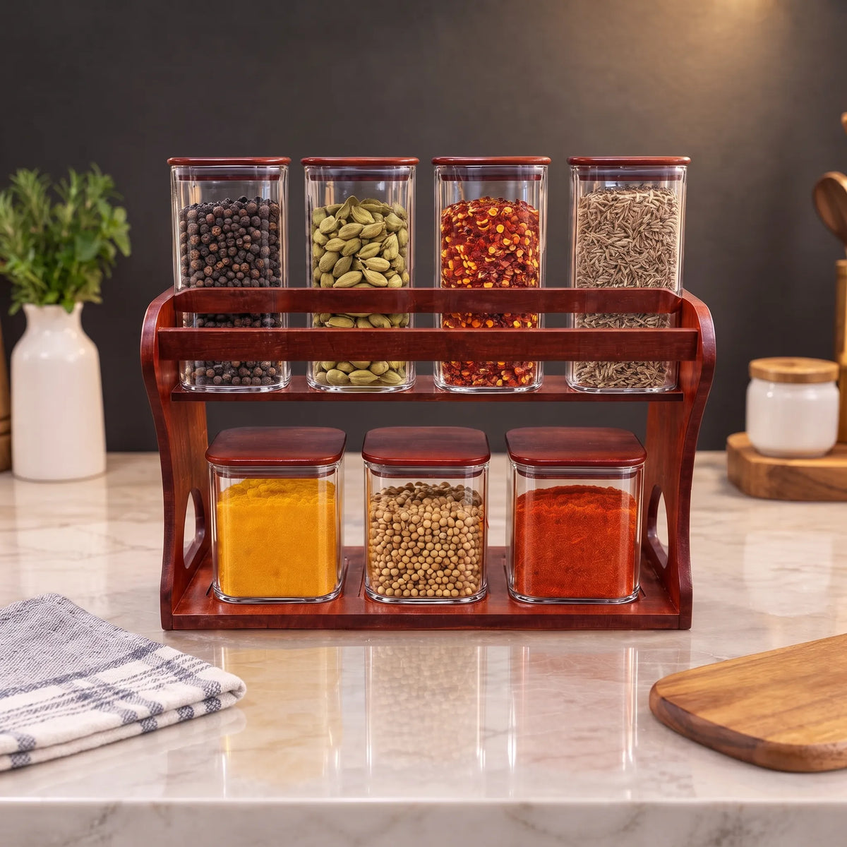 7-Piece Glass Storage Jar Set with Wooden Stand – Kitchen Spice Organiser
