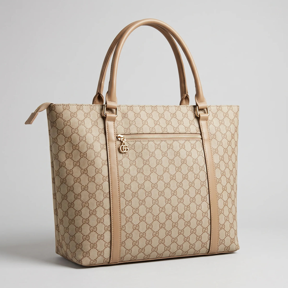Classic Faux Leather Shoulder Bag with Tan Trim and Top Zipper