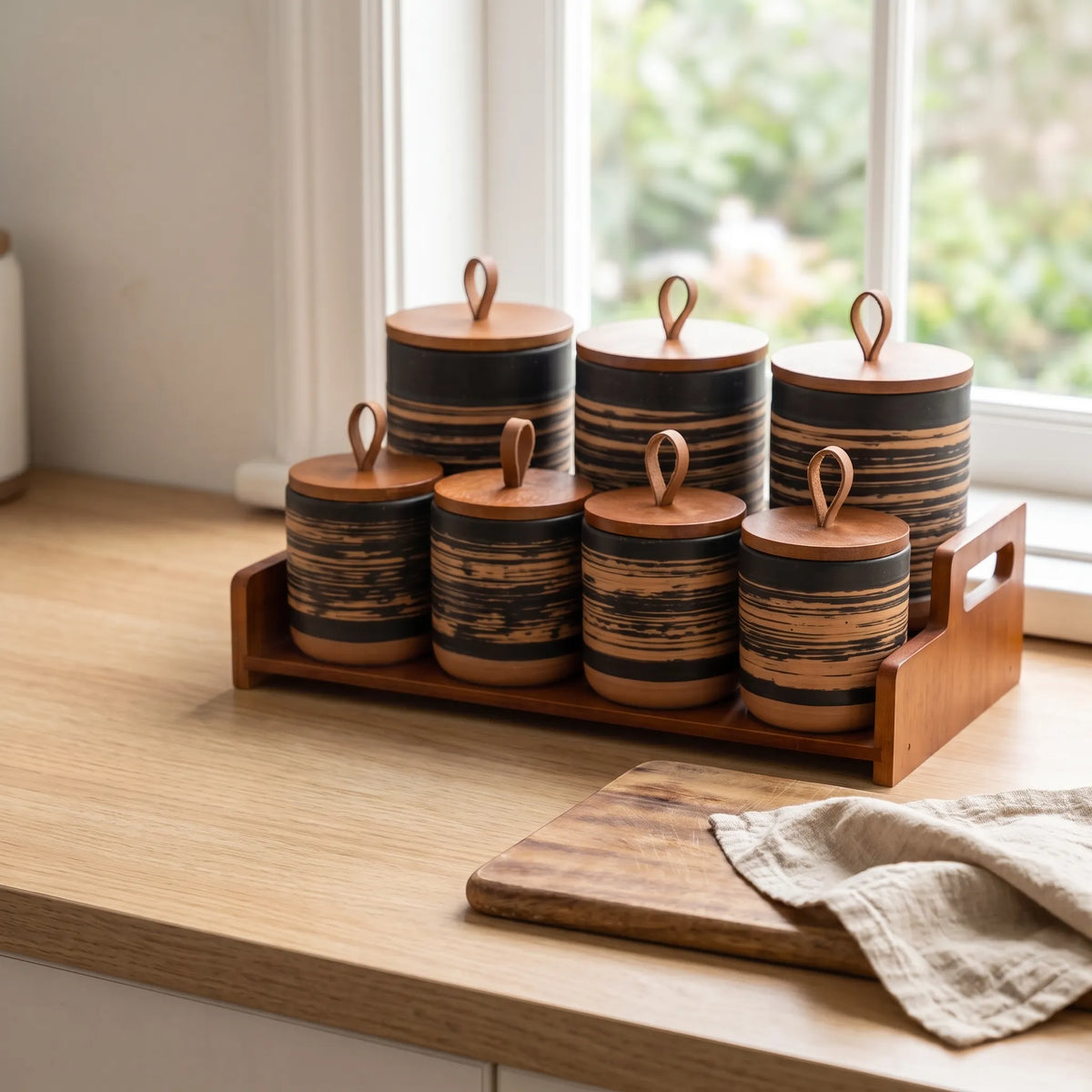 7-Piece Ceramic Spice Jar Set with Wooden Lids – Cylindrical Kitchen Storage