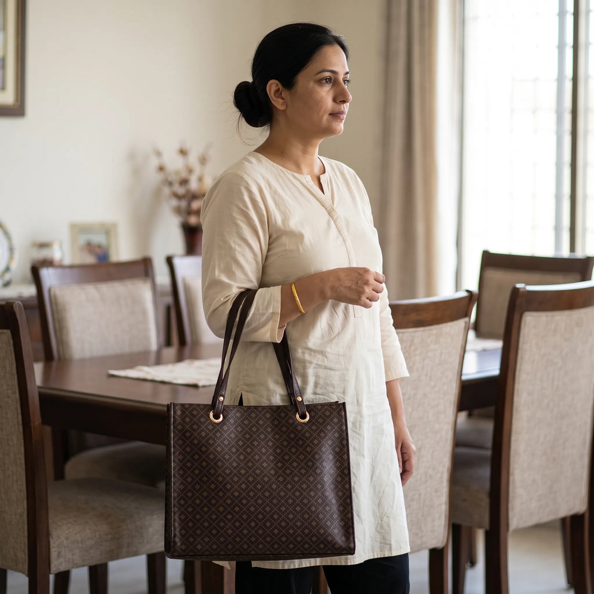 Dark Brown Diamond Monogram Structured Tote Bag