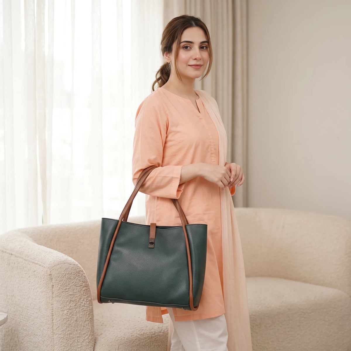 Two-Tone Faux Leather Work Handbag in Emerald and Tan