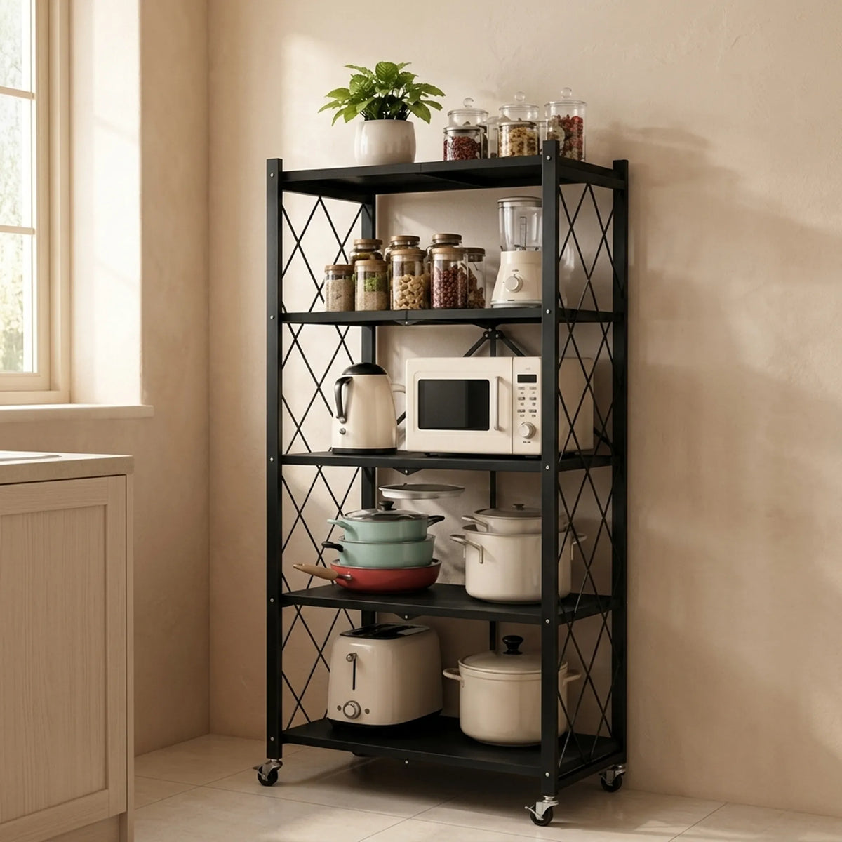 Foldable Heavy-Duty Kitchen Storage Rack with Wheels – 3, 4 & 5 Tier