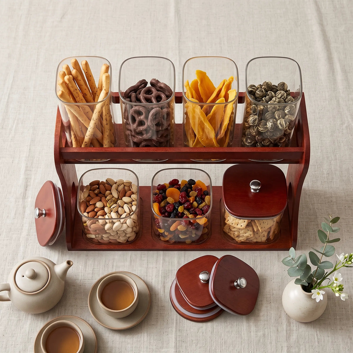 8-Piece Square Borosilicate Glass Storage Jar Set with Bamboo Lids