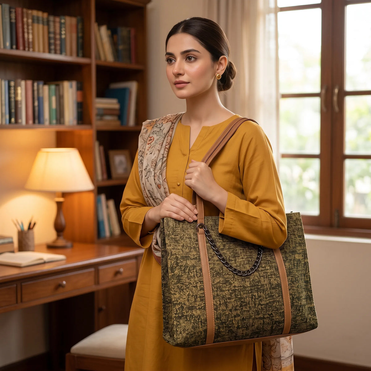 Patterned Textured Tote Bag with Chain Accent and Tan Straps