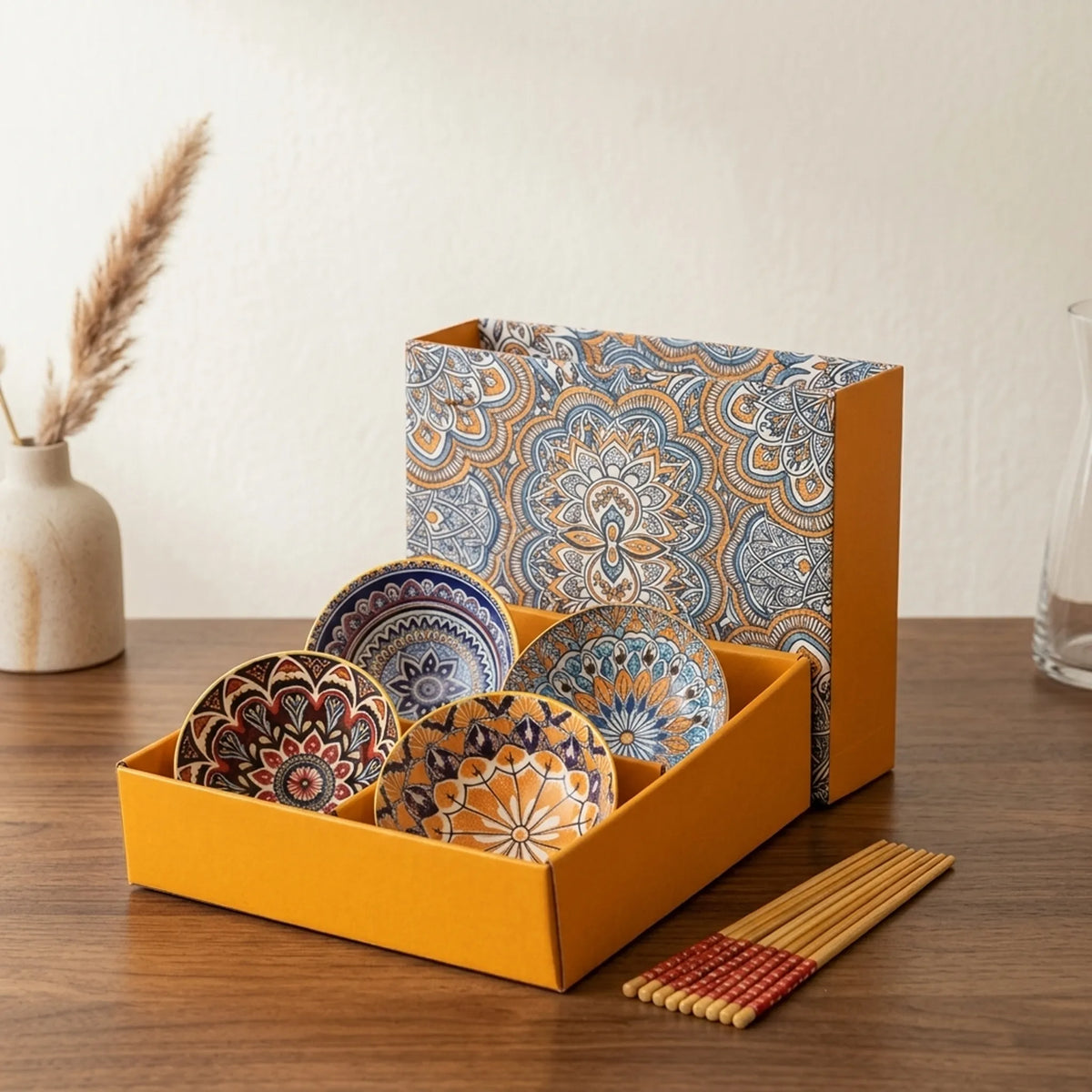 Hand-Painted Ceramic Bowl Set with Chopsticks in Gift Box – 4 Pieces