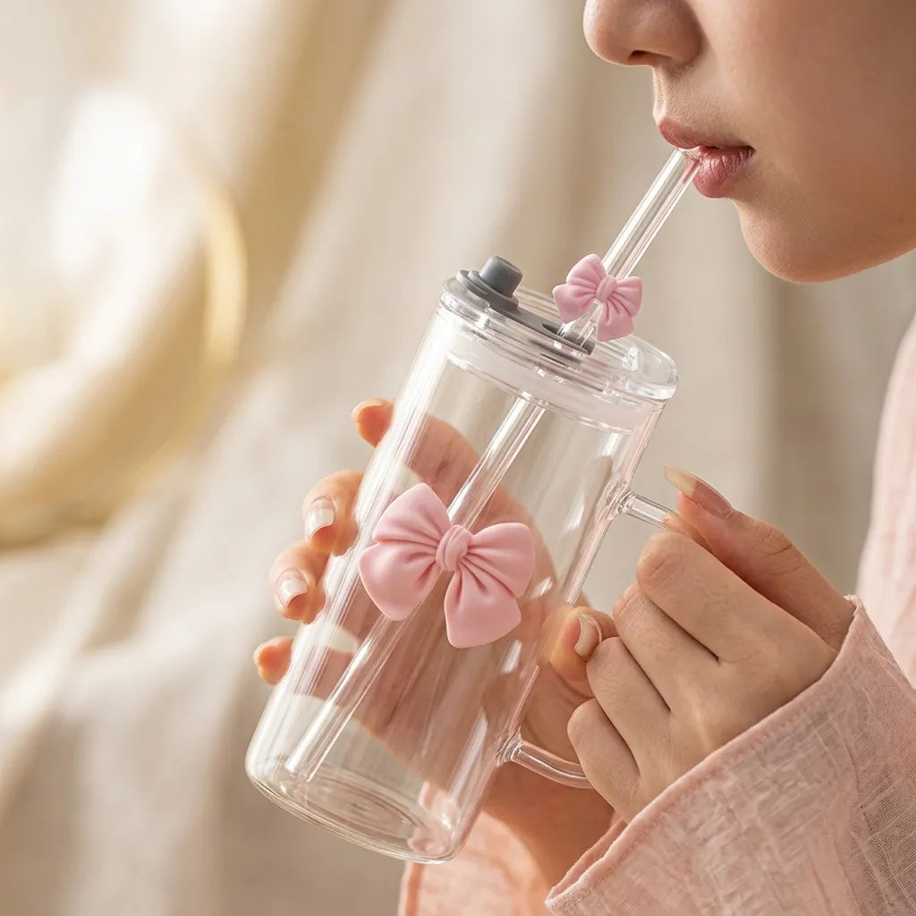 Square Glass Tumbler with Bows, Lid & Straw – Cute Iced Coffee Cup