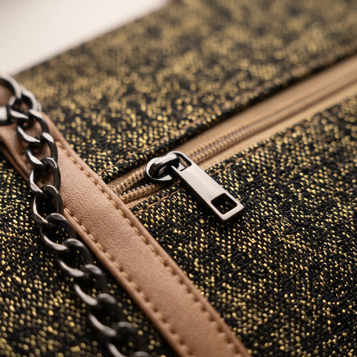 Patterned Textured Tote Bag with Chain Accent and Tan Straps