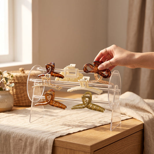 Clear Acrylic Hair Claw Clip Organizer – Multi-Tier Display Stand (Boxed)