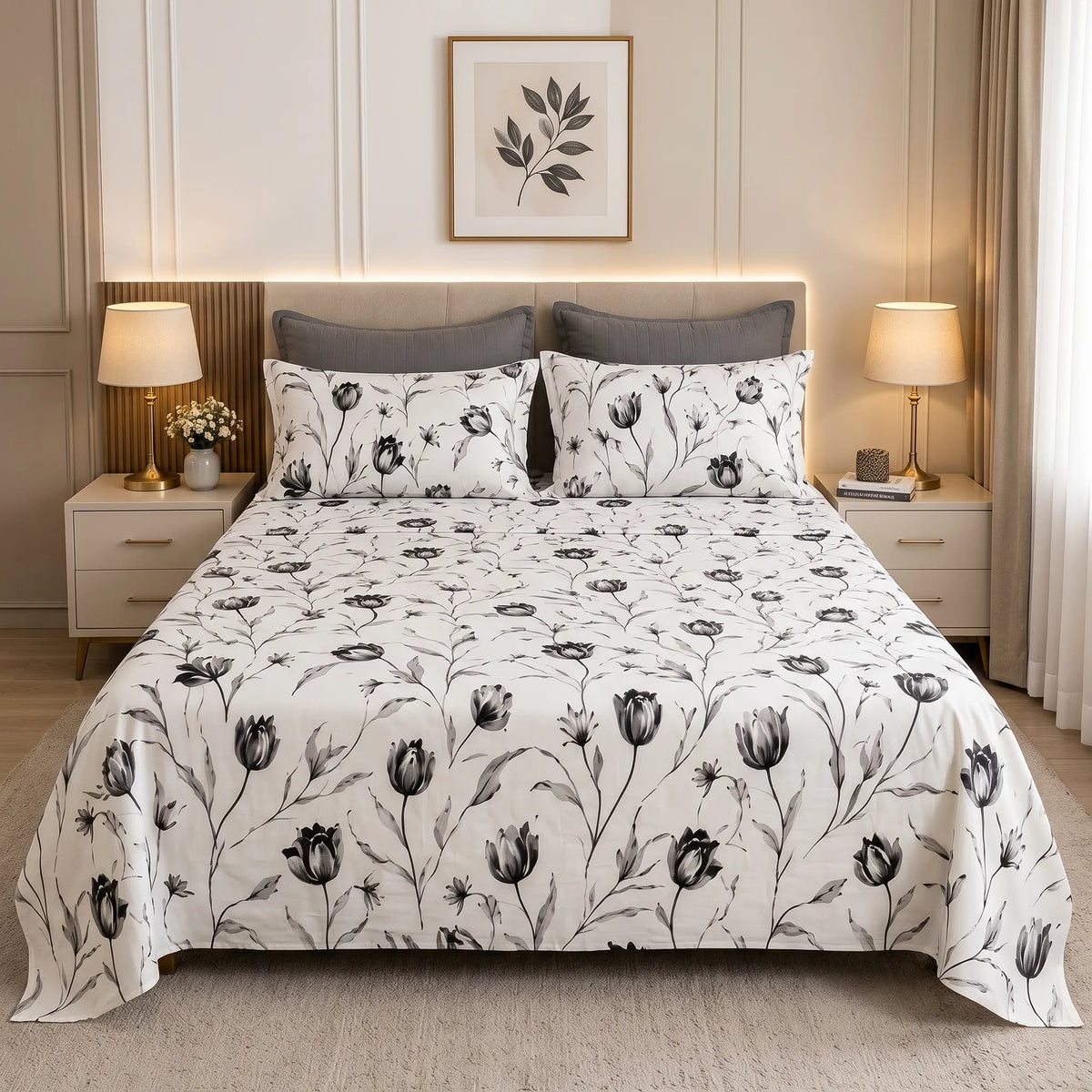 3 Pcs Monochrome Tulip Print Bedding Set