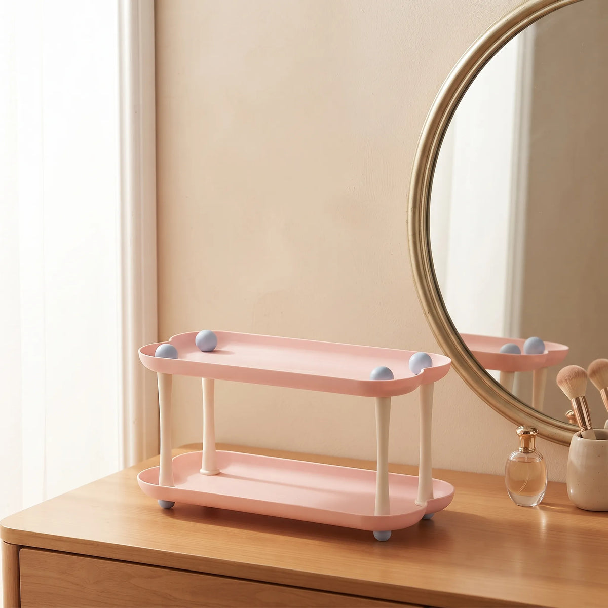 2-Tier Heart & Cloud Vanity Organizer – Aesthetic Pink Cosmetic Storage Stand