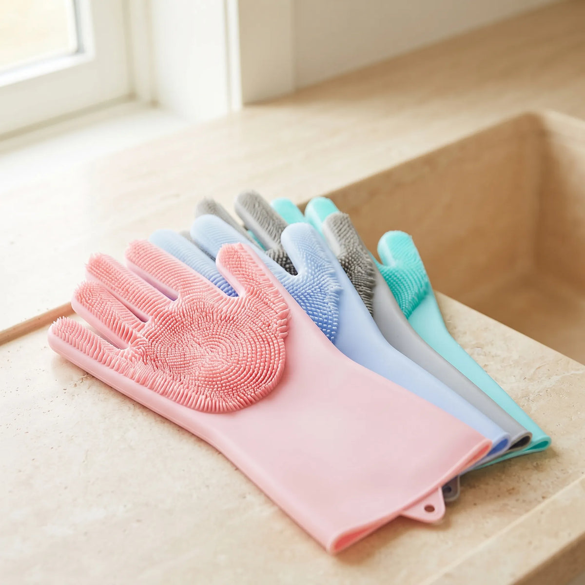 Textured Silicone Dishwashing Gloves – Scrubbing Kitchen & Cleaning Gloves