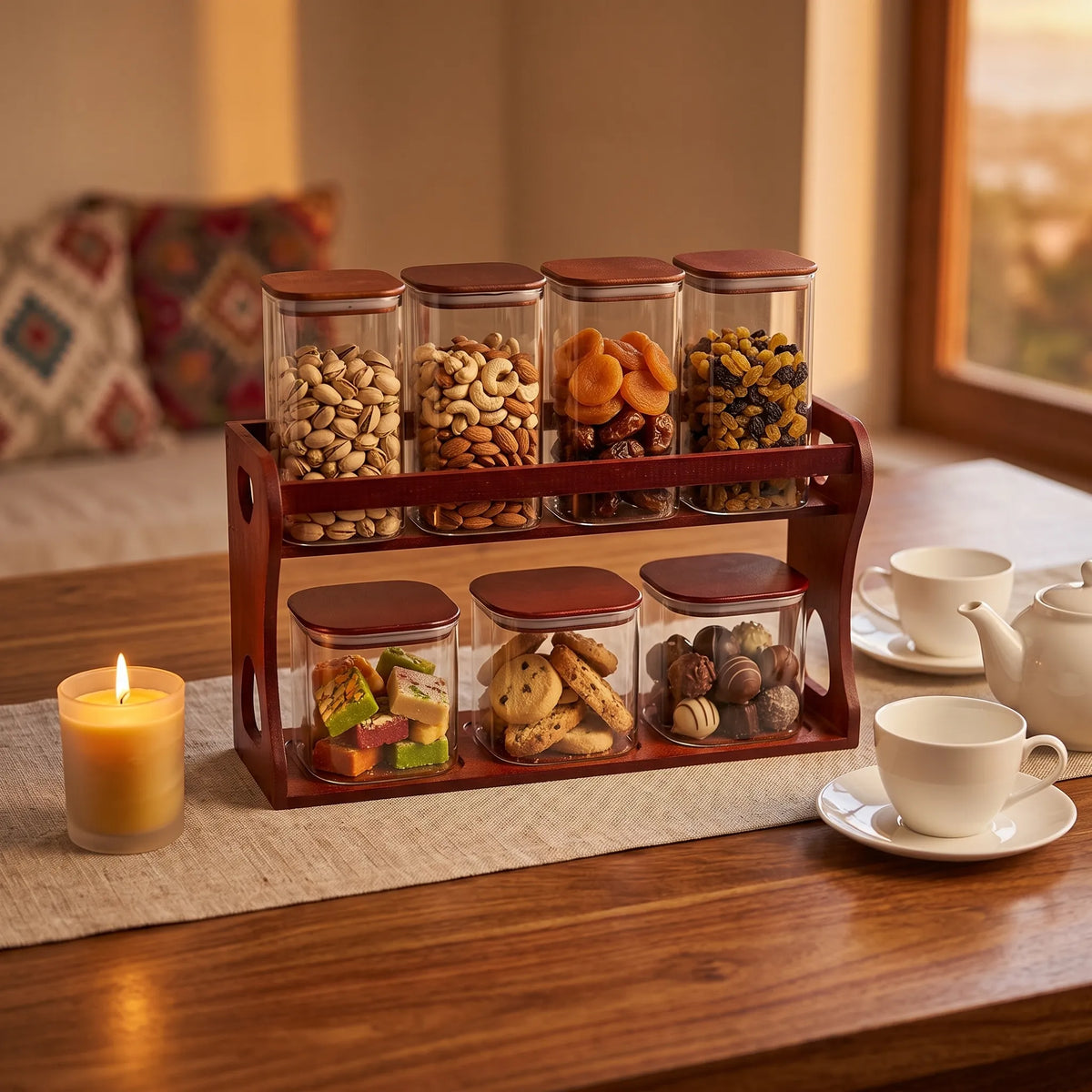 8-Piece Square Borosilicate Glass Storage Jar Set with Bamboo Lids