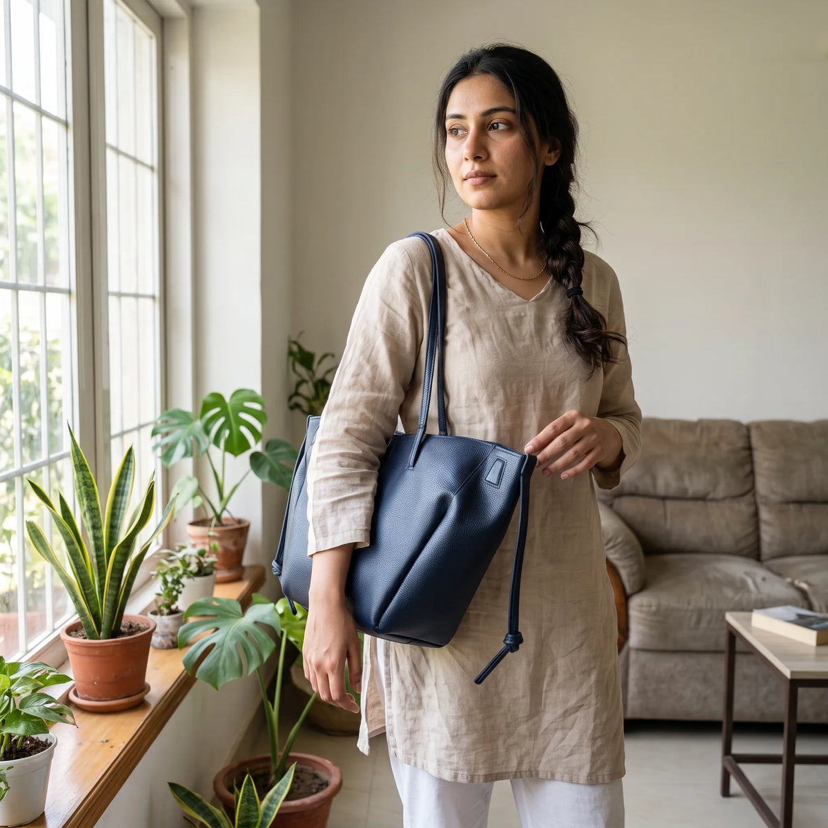 Structured Tote Bag with Side Drawstrings