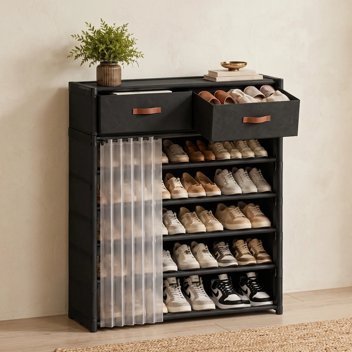 Modular Shoe Storage Cabinet with Drawers & Dustproof Cover – 5 Tier
