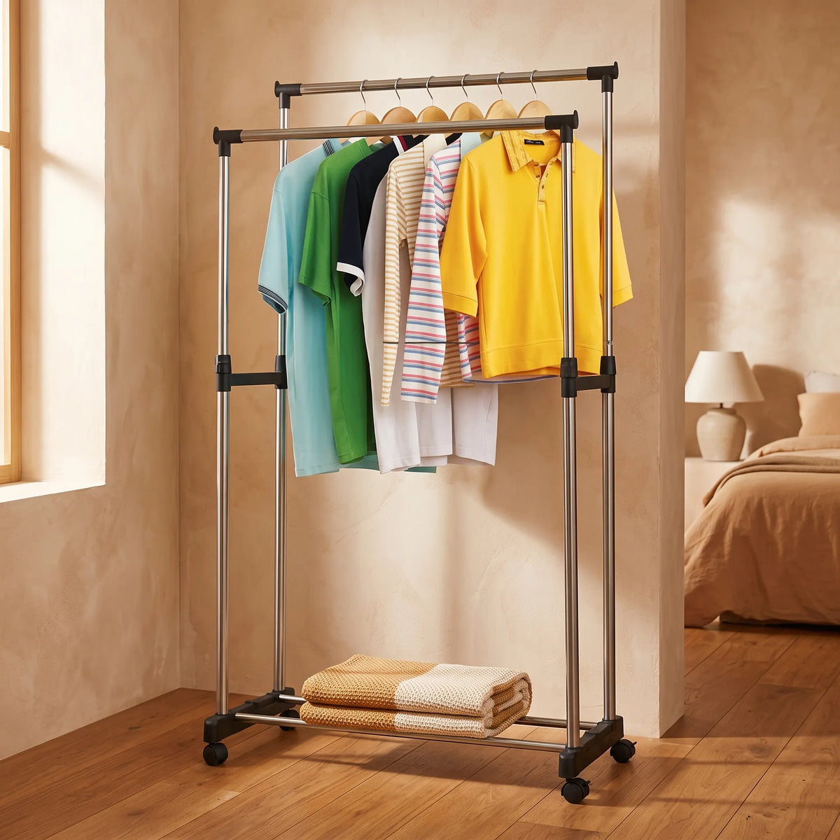 Adjustable Double-Pole Clothes Rack with Wheels & Lower Shelf