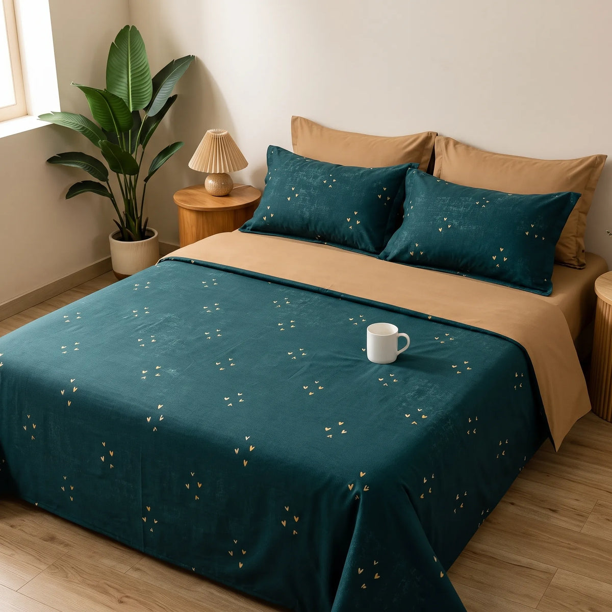 3 Pcs Deep Teal & Gold Tiny Heart Bedding Set