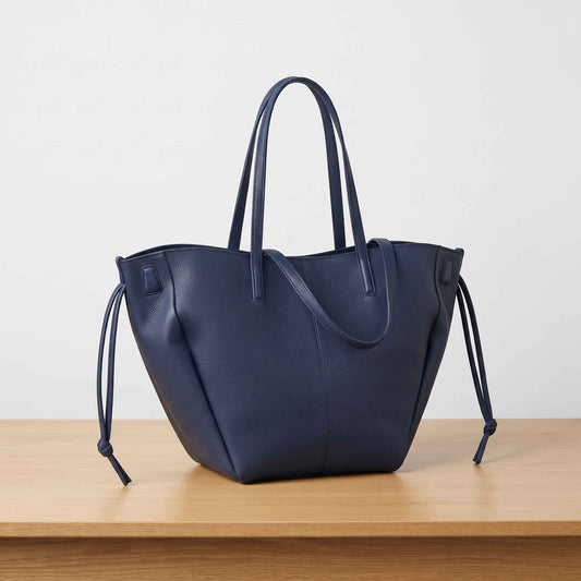 Blue Structured Leather Shoulder Bag – Large Capacity Women’s Handbag