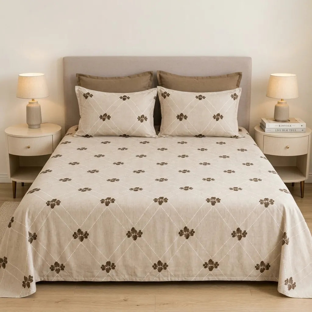 3 Pcs Neutral Trellis & Floral Motif Cotton Bedding Set