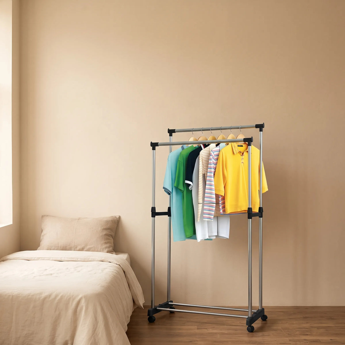 Adjustable Double-Pole Clothes Rack with Wheels & Lower Shelf