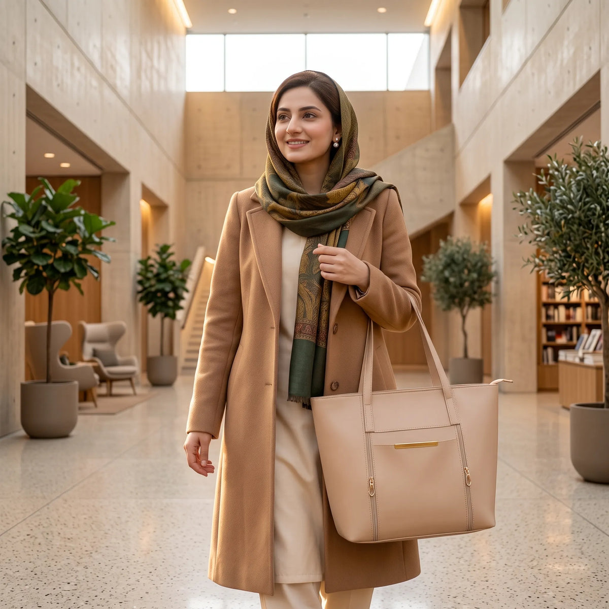 Beige Structured Tote Bag with Front Pockets – Women’s Handbag