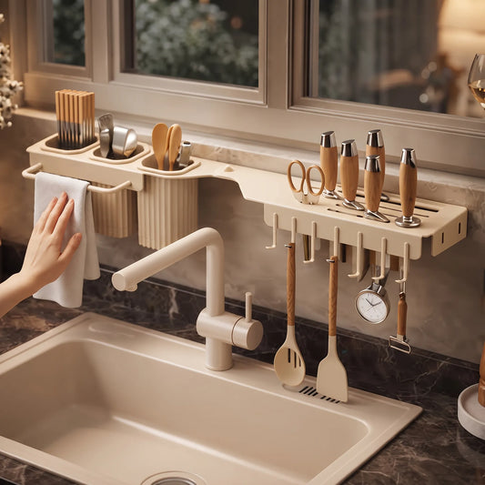 Over-the-Sink Kitchen Organizer Rack with Utensil Storage & Towel Rail