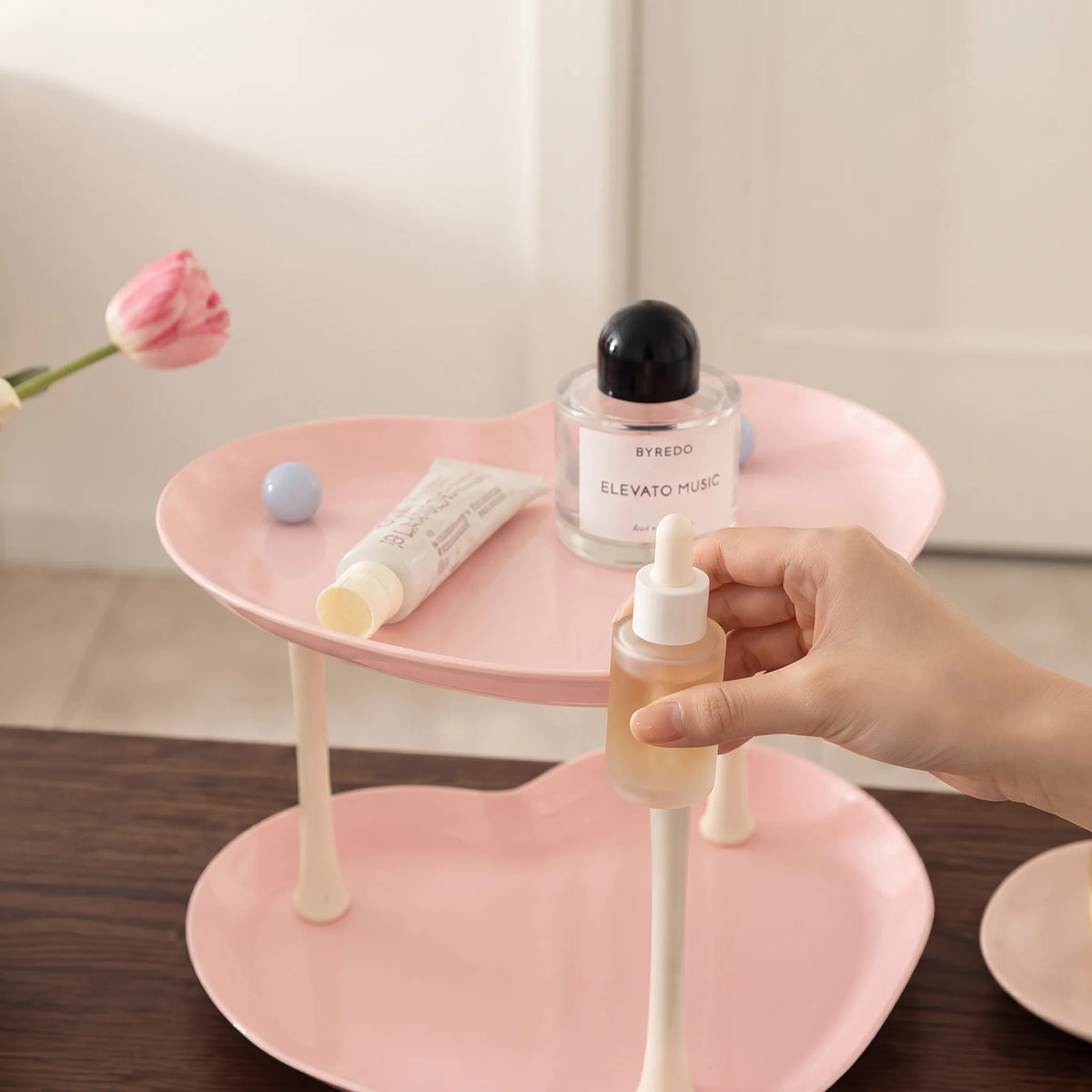 2-Tier Heart & Cloud Vanity Organizer – Aesthetic Pink Cosmetic Storage Stand