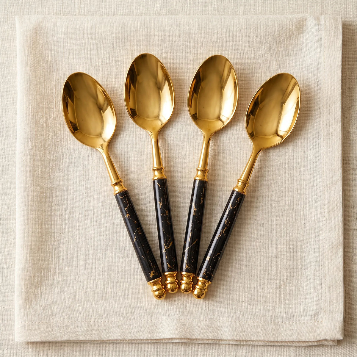 Gold Spoon Set with Marble-Style Handles – 4 Pcs Dessert & Tea Spoons