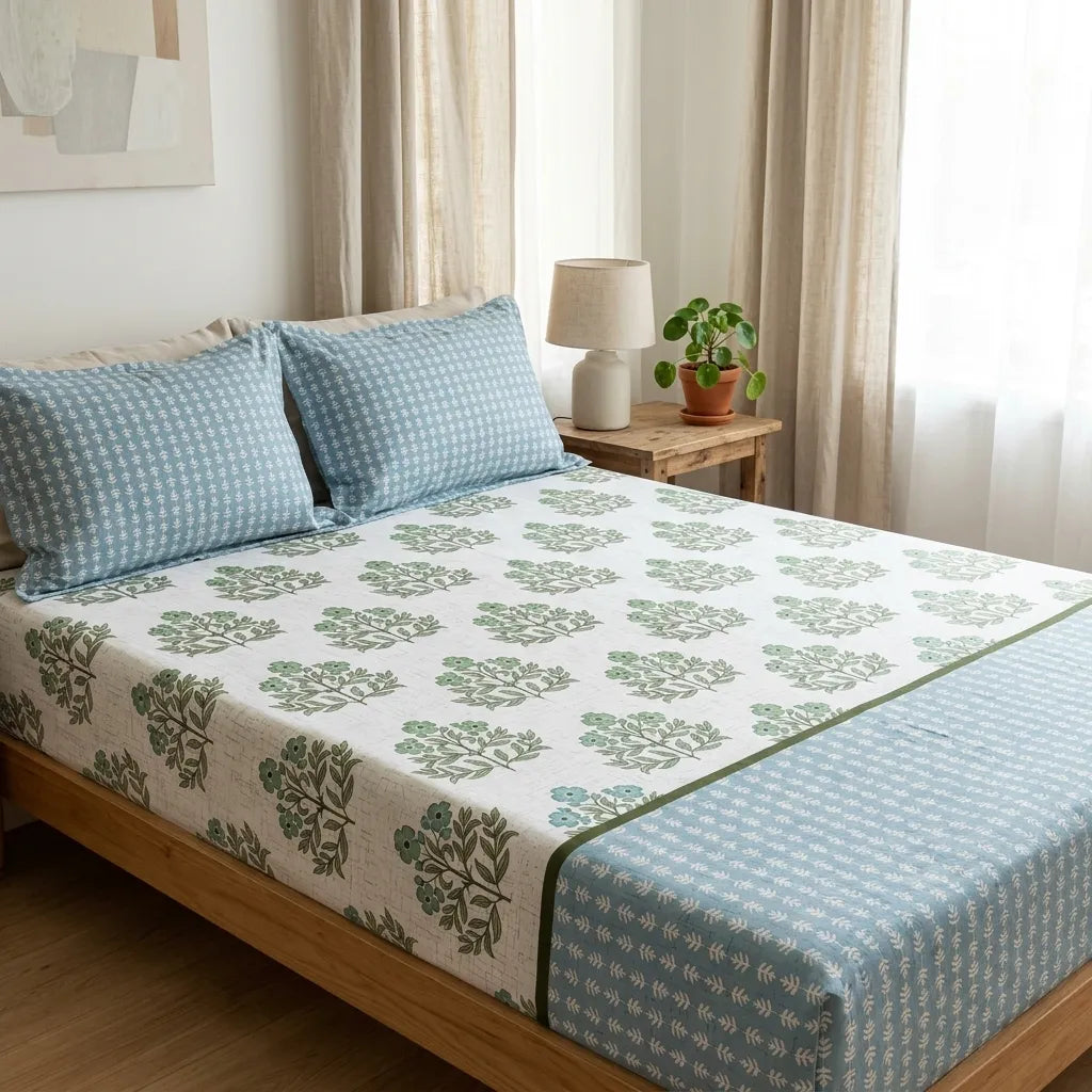 3 Pcs Azure Block-Print Heritage Bedding Set