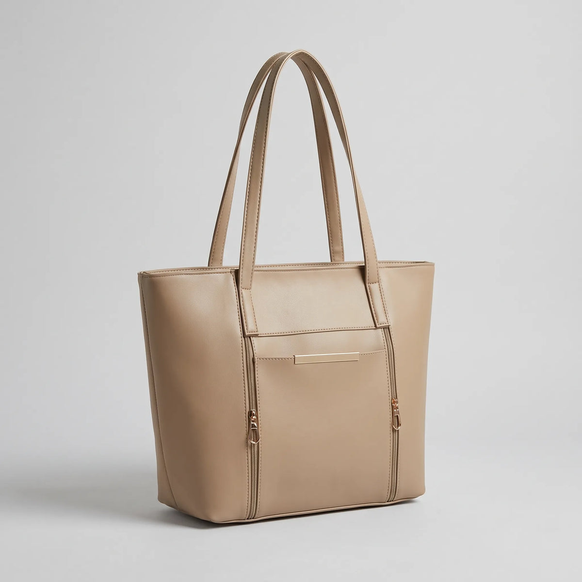 Beige Structured Tote Bag with Front Pockets – Women’s Handbag