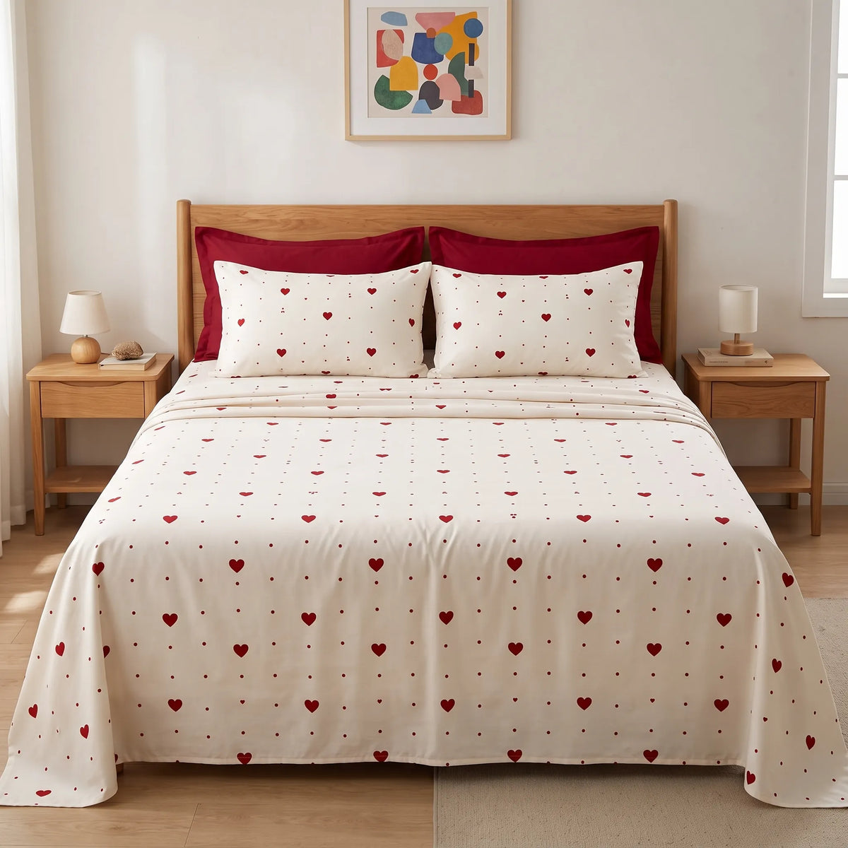 3 Pcs Ivory & Ruby Tiny Heart Bedding Set