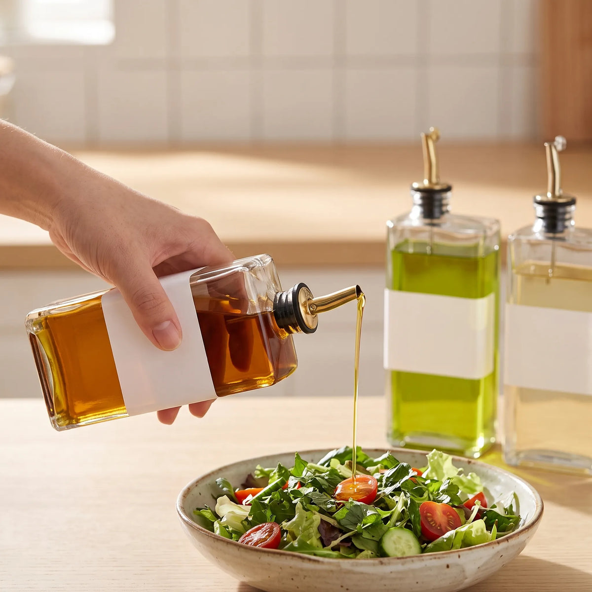 Glass Oil & Vinegar Dispenser Bottle with Gold Pour Spout