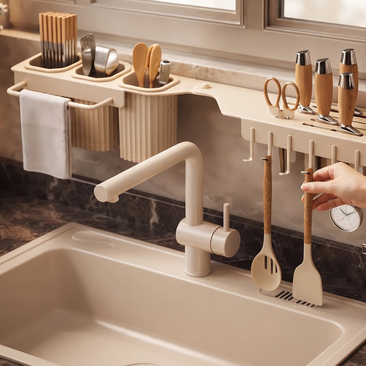 Over-the-Sink Kitchen Organizer Rack with Utensil Storage & Towel Rail